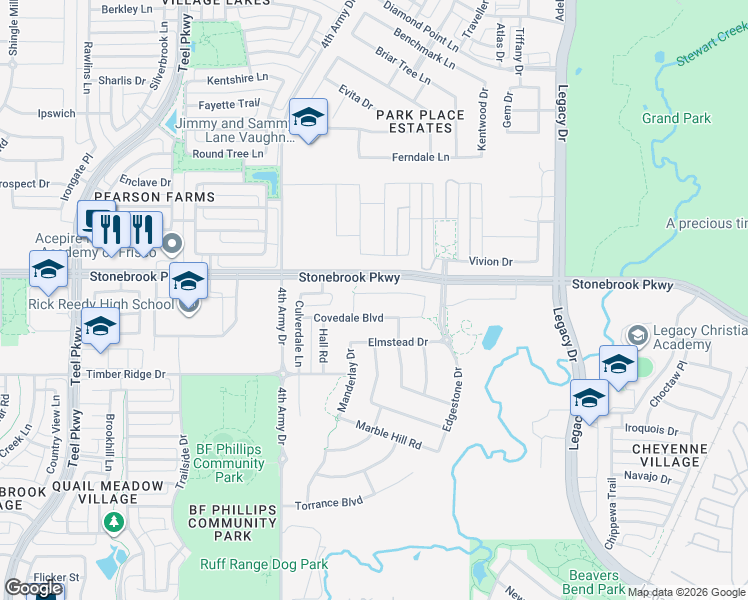 map of restaurants, bars, coffee shops, grocery stores, and more near 3777 Idlebrook Drive in Frisco