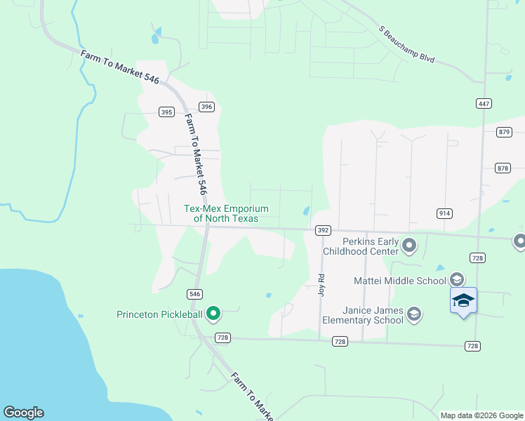 map of restaurants, bars, coffee shops, grocery stores, and more near 7958 County Road 392 in Princeton