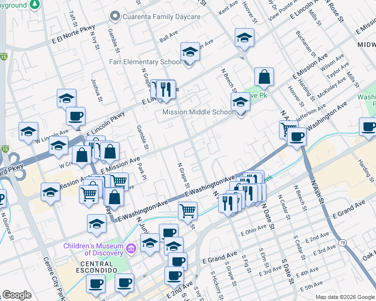 map of restaurants, bars, coffee shops, grocery stores, and more near 725 North Fig Street in Escondido
