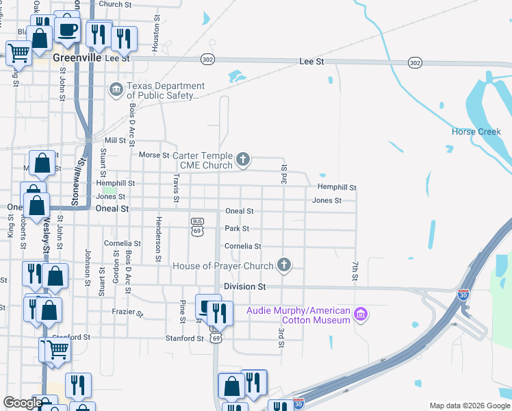 map of restaurants, bars, coffee shops, grocery stores, and more near 1310 Oneal Street in Greenville