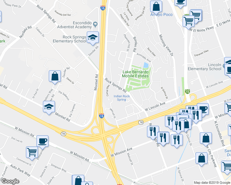 map of restaurants, bars, coffee shops, grocery stores, and more near 1141 Carrotwood Glen in Escondido