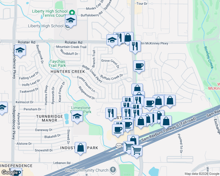 map of restaurants, bars, coffee shops, grocery stores, and more near 6465 Aldridge Drive in Frisco