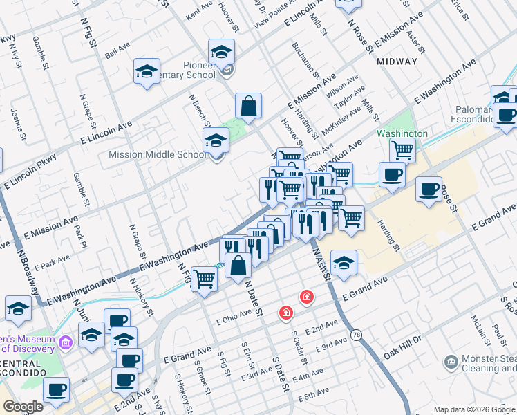 map of restaurants, bars, coffee shops, grocery stores, and more near 1090 East Washington Avenue in Escondido