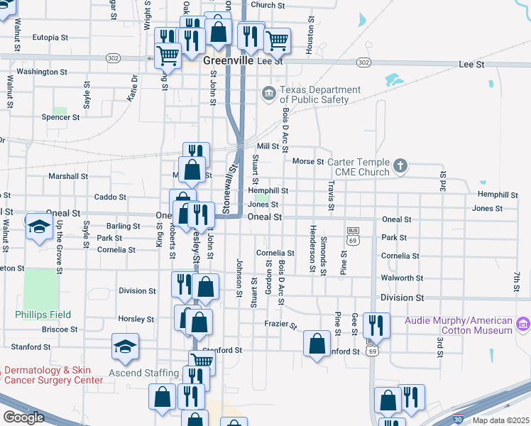 map of restaurants, bars, coffee shops, grocery stores, and more near 2304 Oneal Street in Greenville