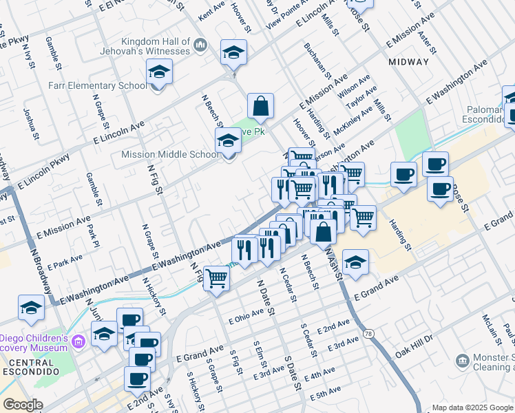 map of restaurants, bars, coffee shops, grocery stores, and more near 1200-2 South Escondido Boulevard in Escondido