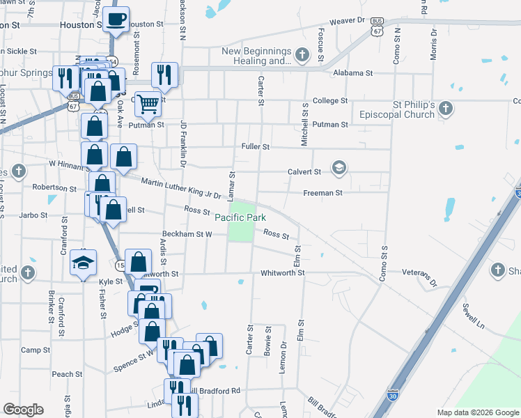 map of restaurants, bars, coffee shops, grocery stores, and more near 700 Carter Street in Sulphur Springs