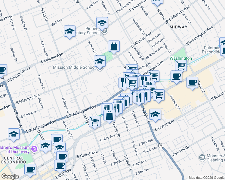 map of restaurants, bars, coffee shops, grocery stores, and more near 1060 East Washington Avenue in Escondido