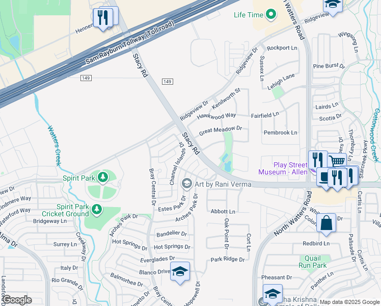 map of restaurants, bars, coffee shops, grocery stores, and more near 2143 Channel Islands Drive in Allen