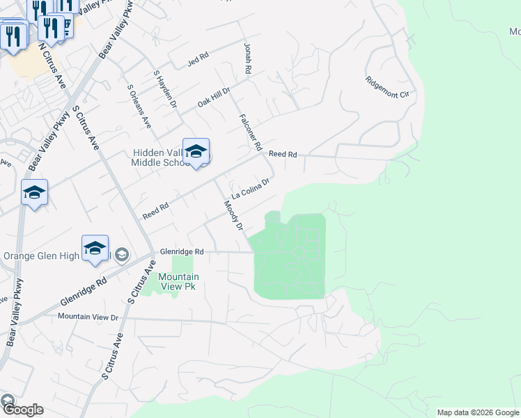 map of restaurants, bars, coffee shops, grocery stores, and more near 2735 Crownpoint Pl in Escondido