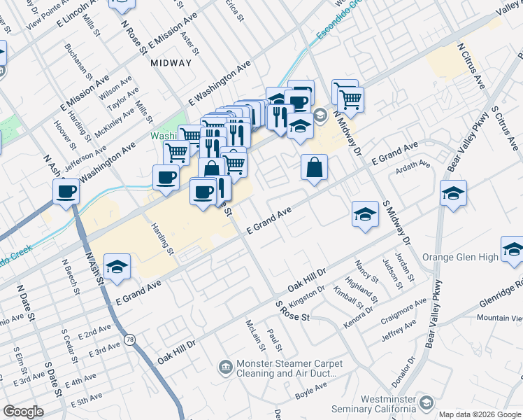 map of restaurants, bars, coffee shops, grocery stores, and more near 1701 Fairdale Avenue in Escondido