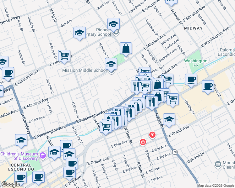 map of restaurants, bars, coffee shops, grocery stores, and more near 1020 East Washington Avenue in Escondido
