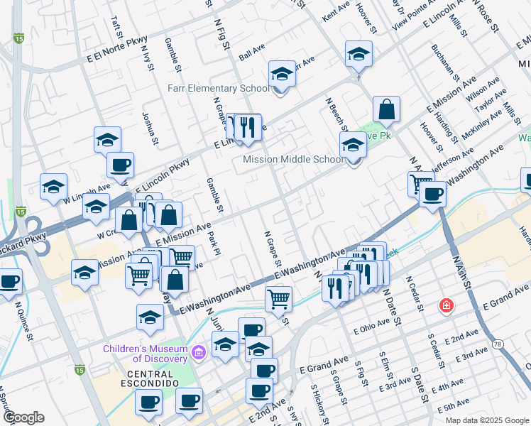 map of restaurants, bars, coffee shops, grocery stores, and more near 611 East Mission Avenue in Escondido