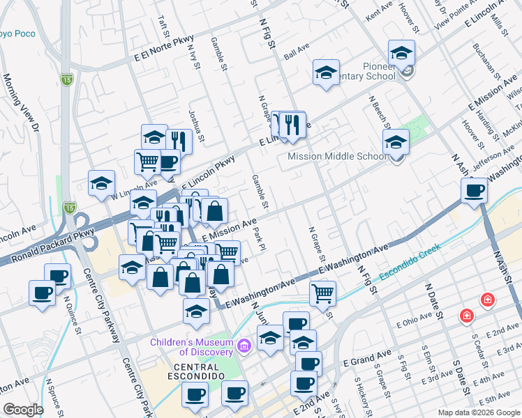 map of restaurants, bars, coffee shops, grocery stores, and more near 801 Gamble Street in Escondido