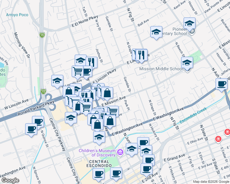 map of restaurants, bars, coffee shops, grocery stores, and more near 326 East Mission Avenue in Escondido