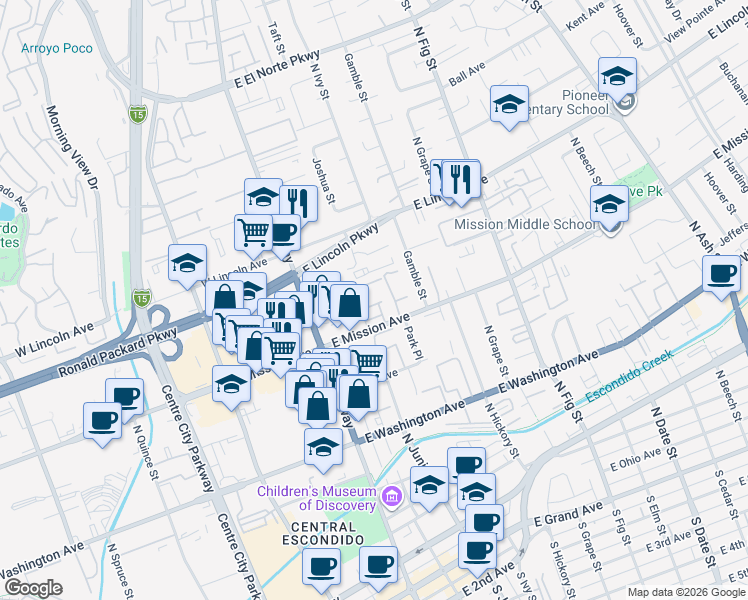 map of restaurants, bars, coffee shops, grocery stores, and more near 326 East Mission Avenue in Escondido