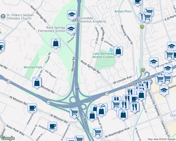 map of restaurants, bars, coffee shops, grocery stores, and more near 1141 Carrotwood Glen in Escondido