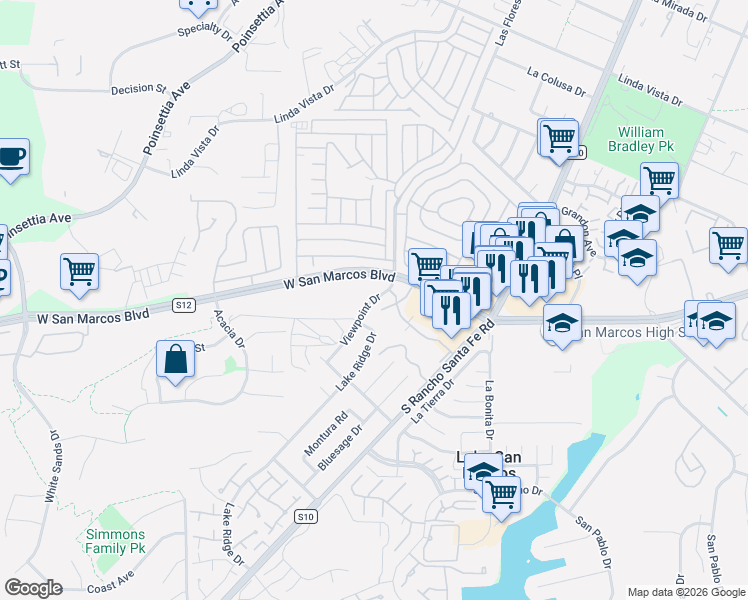 map of restaurants, bars, coffee shops, grocery stores, and more near 842 South Rancho Santa Fe Road in San Marcos