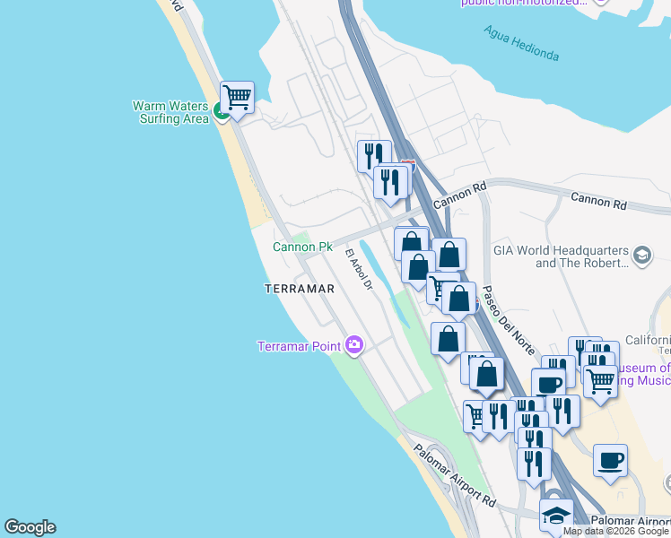 map of restaurants, bars, coffee shops, grocery stores, and more near 5103 Los Robles Drive in Carlsbad