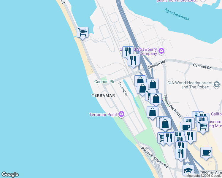 map of restaurants, bars, coffee shops, grocery stores, and more near 5103 Los Robles Drive in Carlsbad