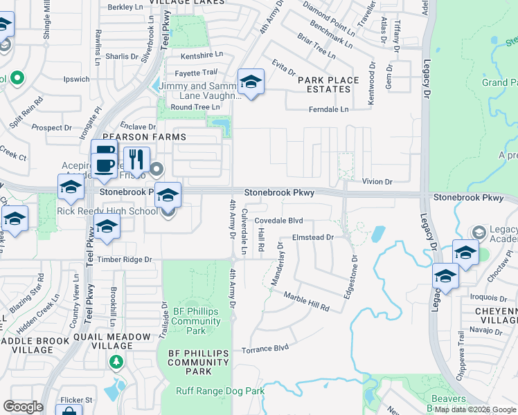 map of restaurants, bars, coffee shops, grocery stores, and more near 3415 Salvador Lane in Frisco