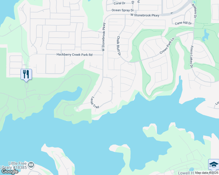 map of restaurants, bars, coffee shops, grocery stores, and more near 2121 Lariat Trail in Frisco