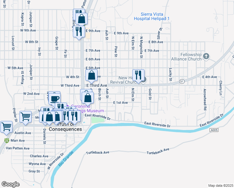 map of restaurants, bars, coffee shops, grocery stores, and more near 499 E 2nd Ave in Truth or Consequences