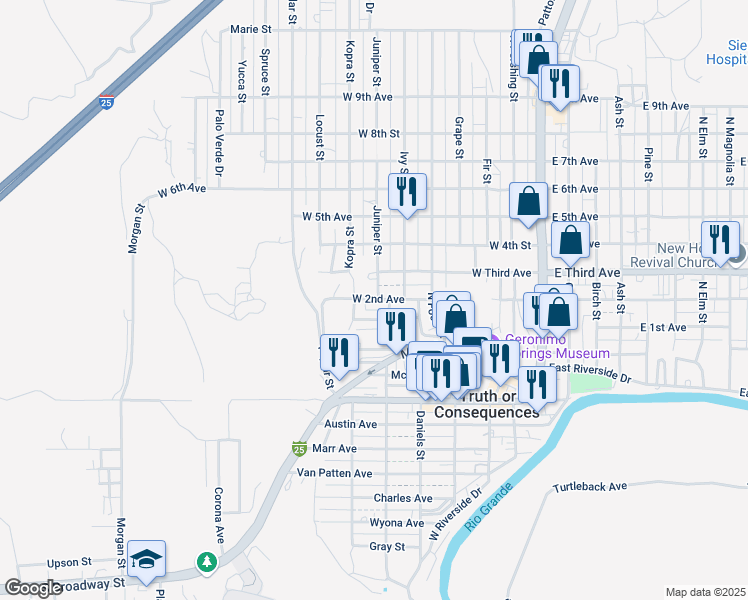 map of restaurants, bars, coffee shops, grocery stores, and more near 710 W 2nd Ave in Truth or Consequences