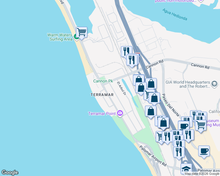 map of restaurants, bars, coffee shops, grocery stores, and more near 5103 Los Robles Dr in Carlsbad