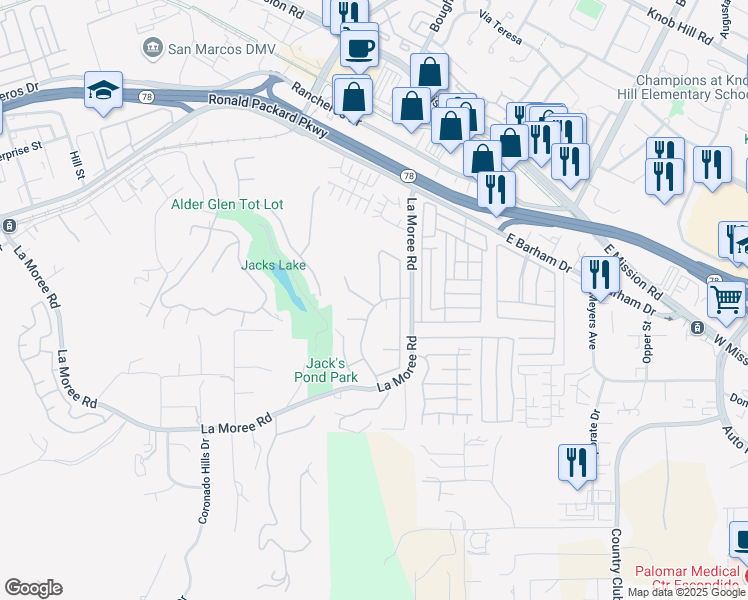 map of restaurants, bars, coffee shops, grocery stores, and more near 893 Day Lily Court in San Marcos