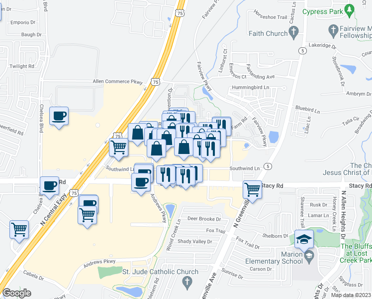 map of restaurants, bars, coffee shops, grocery stores, and more near 239 Town Place in Fairview
