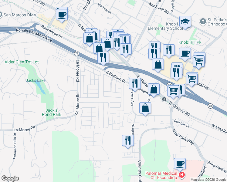 map of restaurants, bars, coffee shops, grocery stores, and more near 1219 East Barham Drive in San Marcos