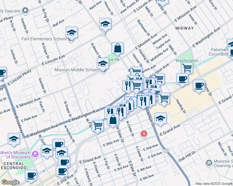 map of restaurants, bars, coffee shops, grocery stores, and more near 1050 East Washington Avenue in Escondido
