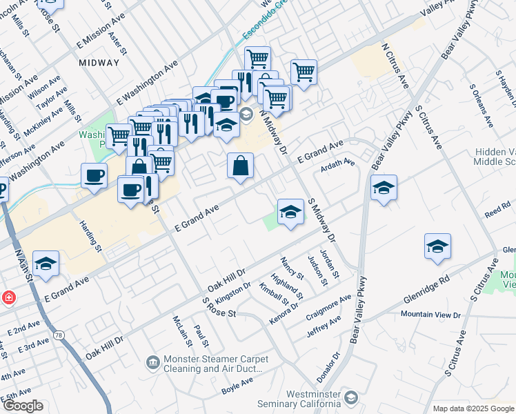 map of restaurants, bars, coffee shops, grocery stores, and more near 1811 East Grand Avenue in Escondido