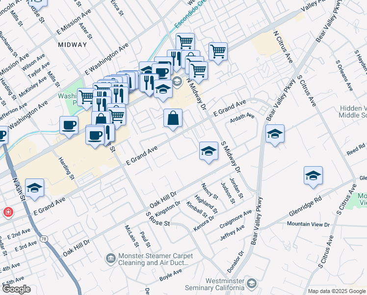 map of restaurants, bars, coffee shops, grocery stores, and more near 1811 East Grand Avenue in Escondido