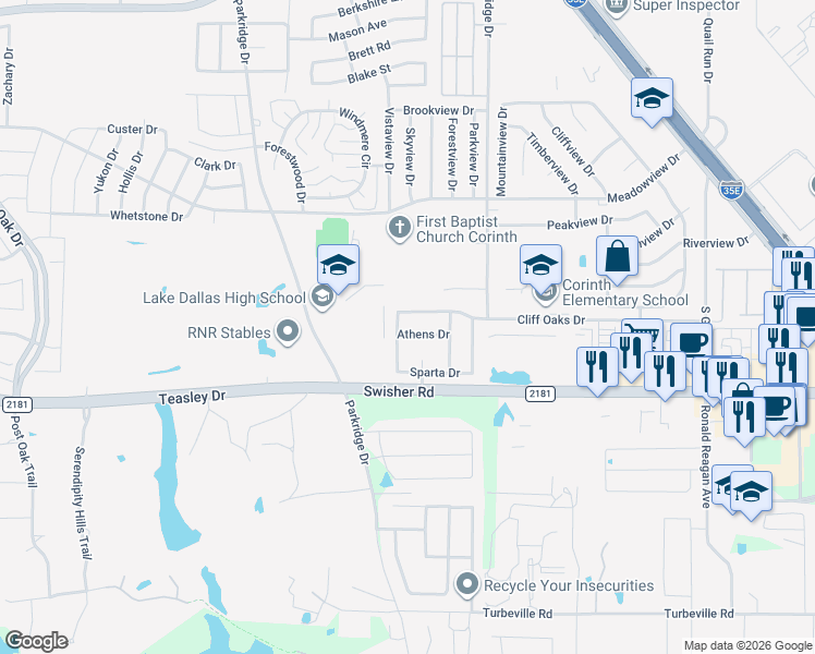 map of restaurants, bars, coffee shops, grocery stores, and more near 3205 Athens Drive in Corinth