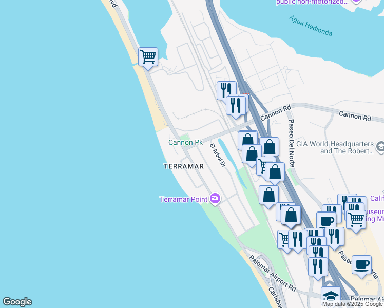 map of restaurants, bars, coffee shops, grocery stores, and more near 5080 Carlsbad Boulevard in Carlsbad
