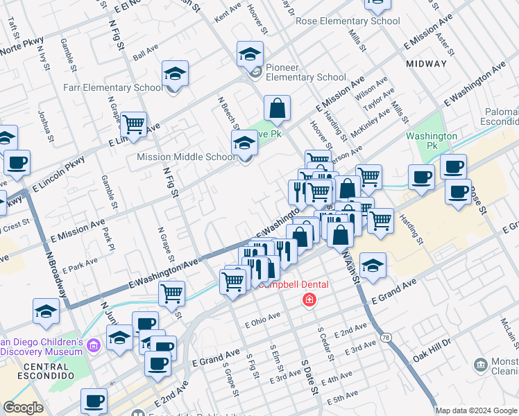 map of restaurants, bars, coffee shops, grocery stores, and more near 1010 East Washington Avenue in Escondido