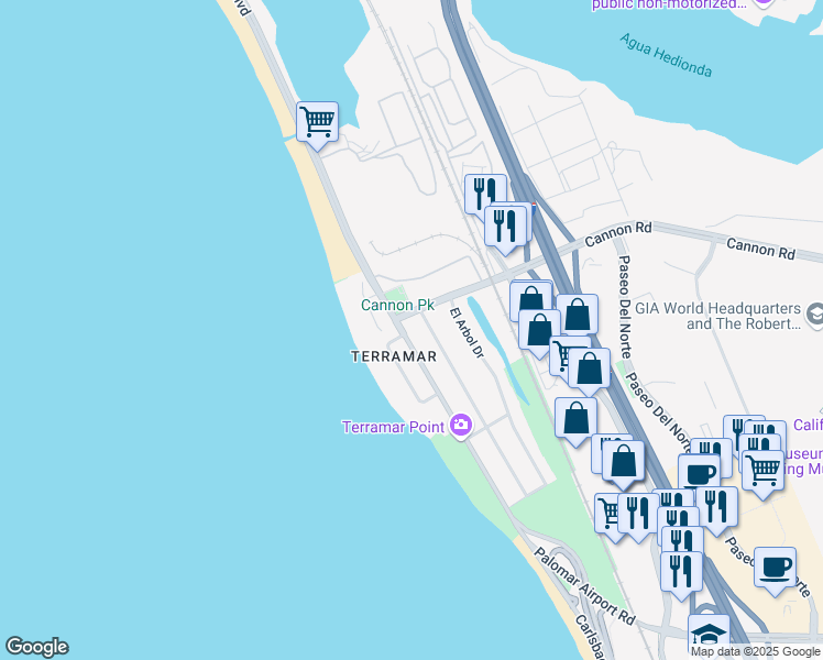 map of restaurants, bars, coffee shops, grocery stores, and more near 5080 Carlsbad Boulevard in Carlsbad