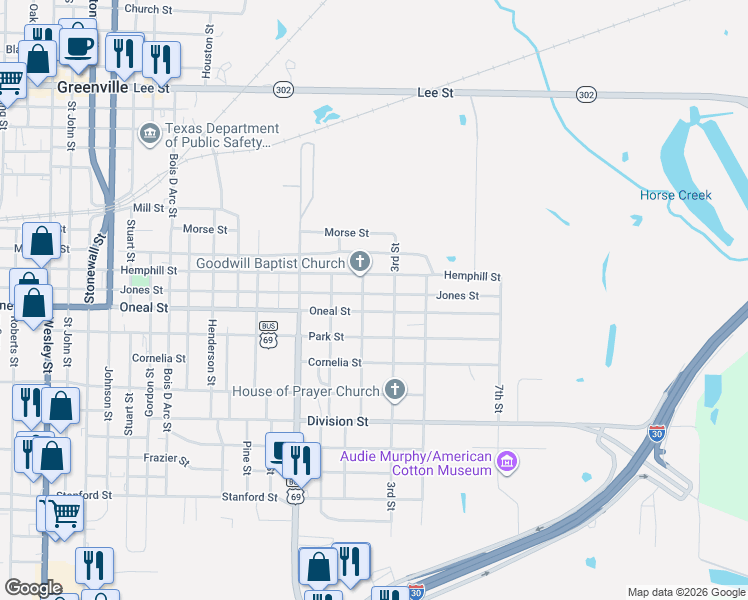 map of restaurants, bars, coffee shops, grocery stores, and more near 1208 Oneal Street in Greenville