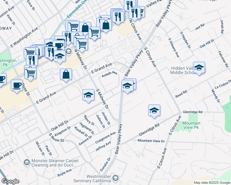map of restaurants, bars, coffee shops, grocery stores, and more near 2050 Oak Hill Drive in Escondido