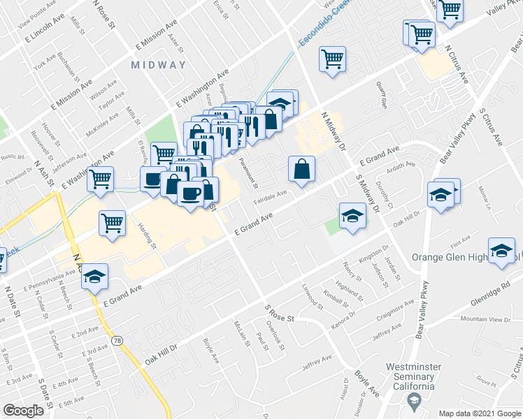 map of restaurants, bars, coffee shops, grocery stores, and more near 1701 Fairdale Avenue in Escondido