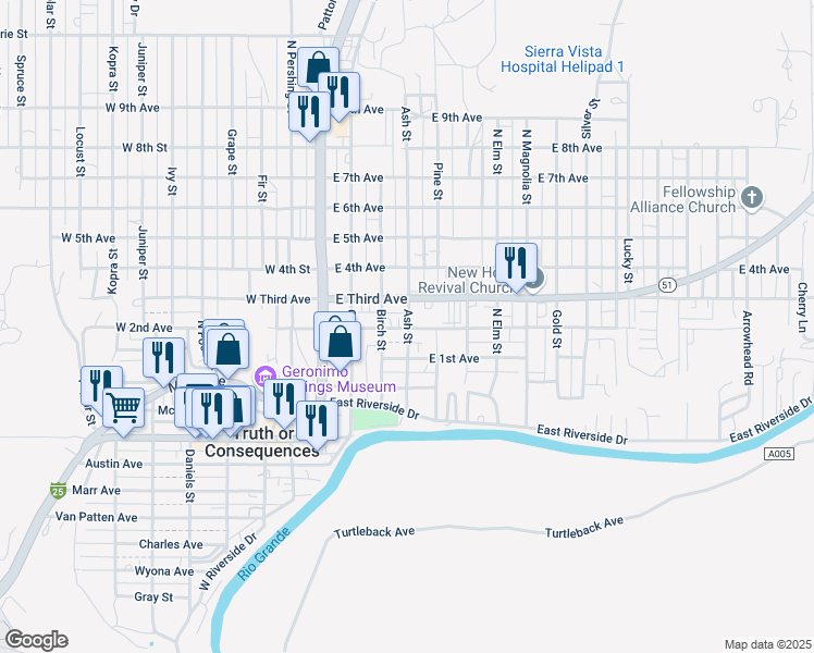 map of restaurants, bars, coffee shops, grocery stores, and more near 401-499 E 2nd Ave in Truth or Consequences