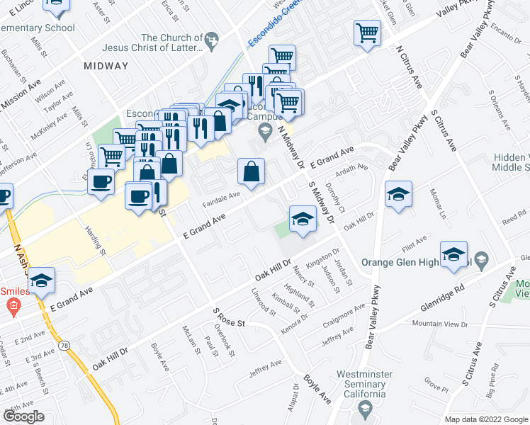 map of restaurants, bars, coffee shops, grocery stores, and more near 1811 East Grand Avenue in Escondido