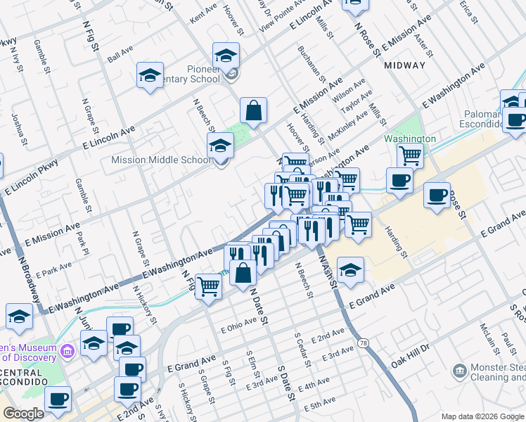 map of restaurants, bars, coffee shops, grocery stores, and more near 1060 East Washington Avenue in Escondido