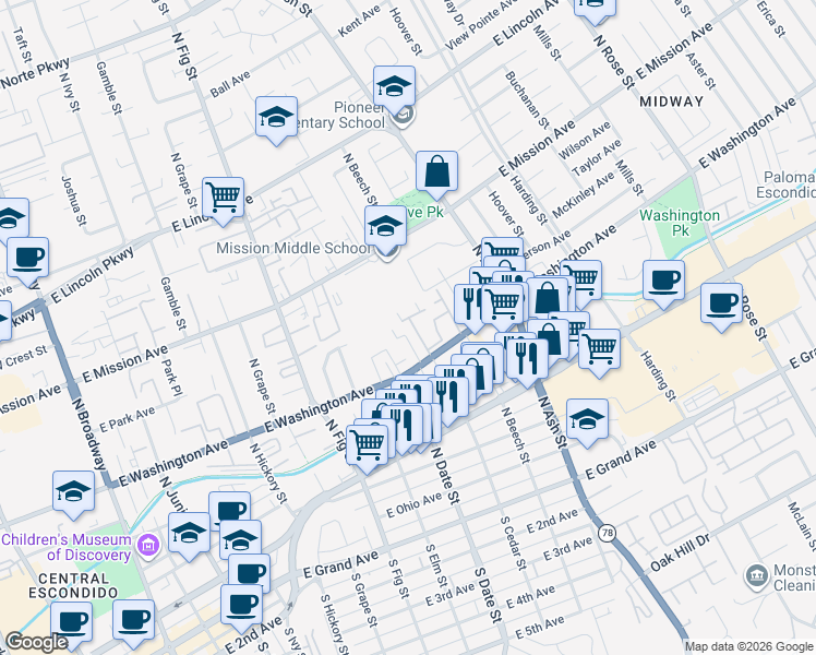 map of restaurants, bars, coffee shops, grocery stores, and more near 1020 East Washington Avenue in Escondido