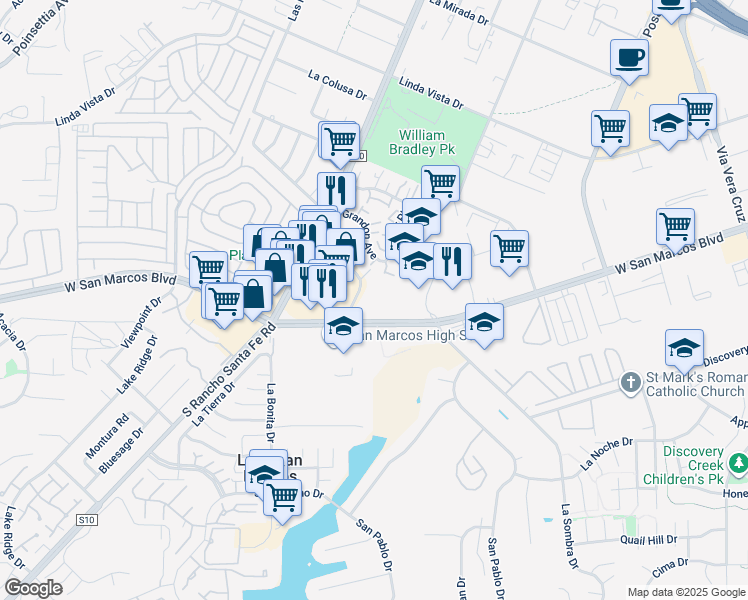 map of restaurants, bars, coffee shops, grocery stores, and more near 1590 West San Marcos Boulevard in San Marcos