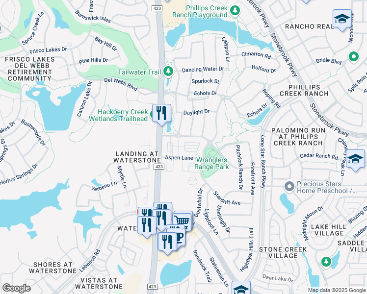 map of restaurants, bars, coffee shops, grocery stores, and more near 6400 Farm to Market Road 423 in Frisco