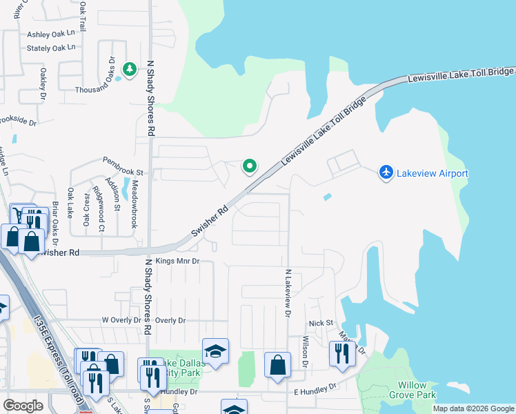 map of restaurants, bars, coffee shops, grocery stores, and more near 503 Jefferson Lane in Lake Dallas