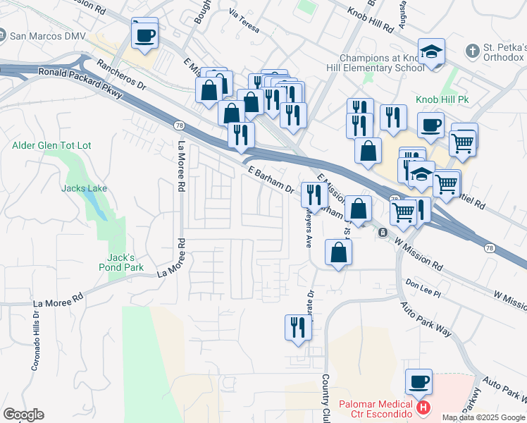 map of restaurants, bars, coffee shops, grocery stores, and more near 1219 Barham Drive in San Marcos