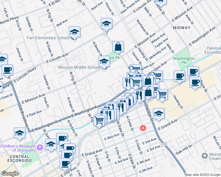 map of restaurants, bars, coffee shops, grocery stores, and more near 1010 East Washington Avenue in Escondido
